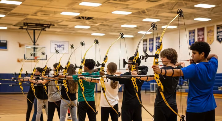 A line of diverse students in a school gymnasium, all holding identical Mathews Genesis bows and preparing to shoot.