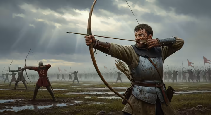 A historical illustration of an English longbowman at the Battle of Agincourt.