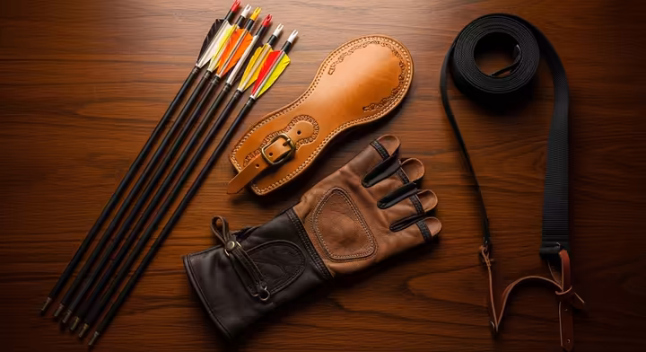 Essential longbow accessories: carbon arrows, a leather armguard, a shooting glove, and a bow stringer.