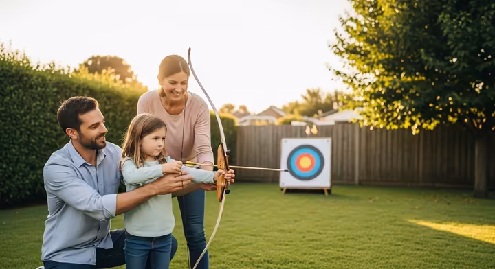 A parent safely teaching their child how to hold and aim a youth bow in a sunny backyard.