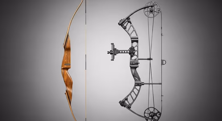 A side-by-side comparison of a recurve bow and a modern compound bow.