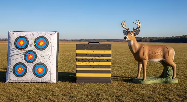 A comparison of three types of archery targets: a bag target, a layered foam block target, and a 3D deer target.