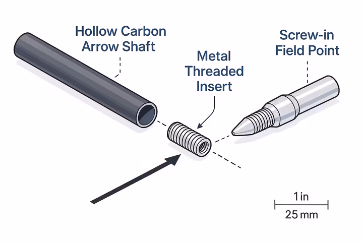 An exploded-view diagram showing how a threaded insert is glued inside the hollow end of a carbon arrow shaft.