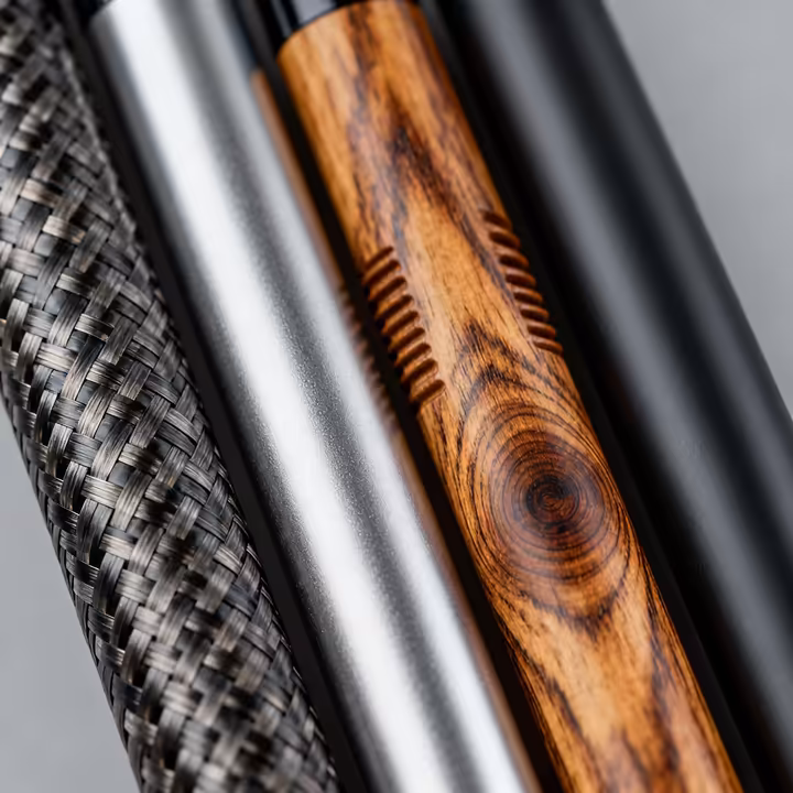 Four different arrow shafts showing the distinct textures of carbon, aluminum, wood, and fiberglass.