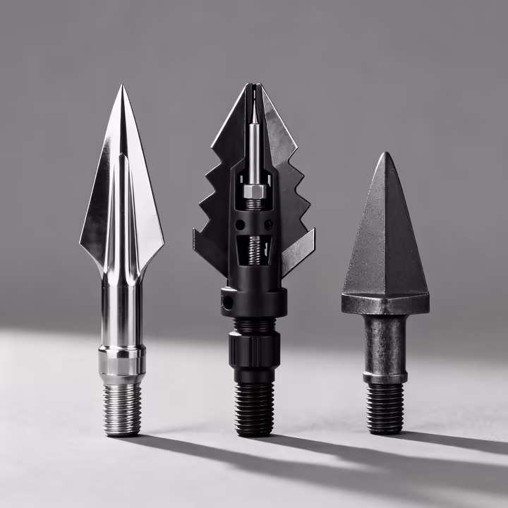 A side-by-side comparison of three common arrowhead types: a conical field point, a bladed broadhead, and a flat blunt point.