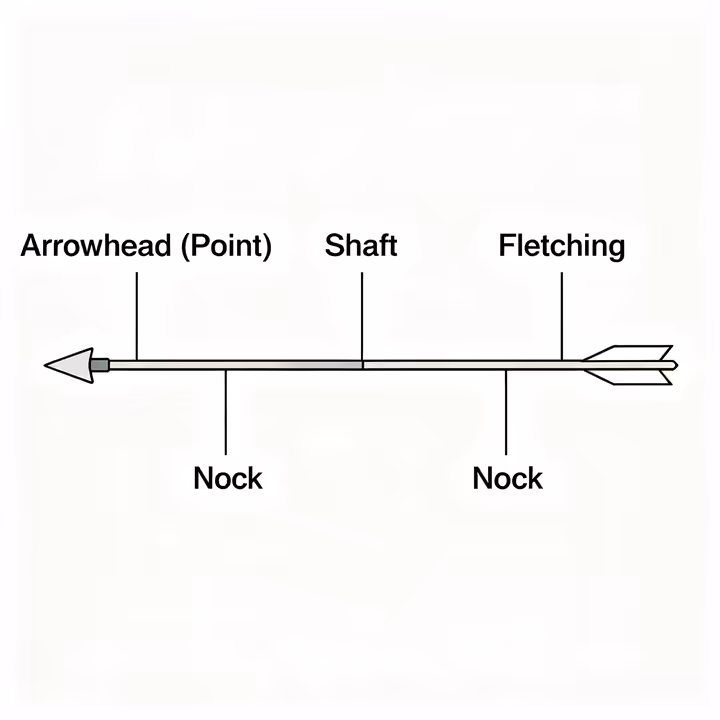 A detailed diagram labeling the four main parts of an arrow: arrowhead, shaft, fletching, and nock.