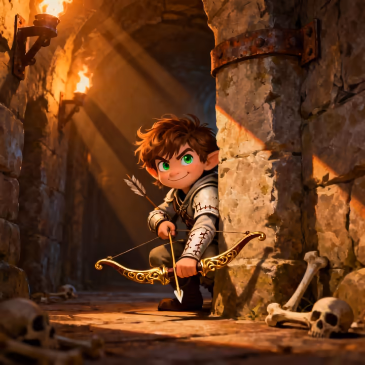 A fantasy illustration of a nimble halfling rogue with a shortbow, lurking in the shadows of a dungeon.