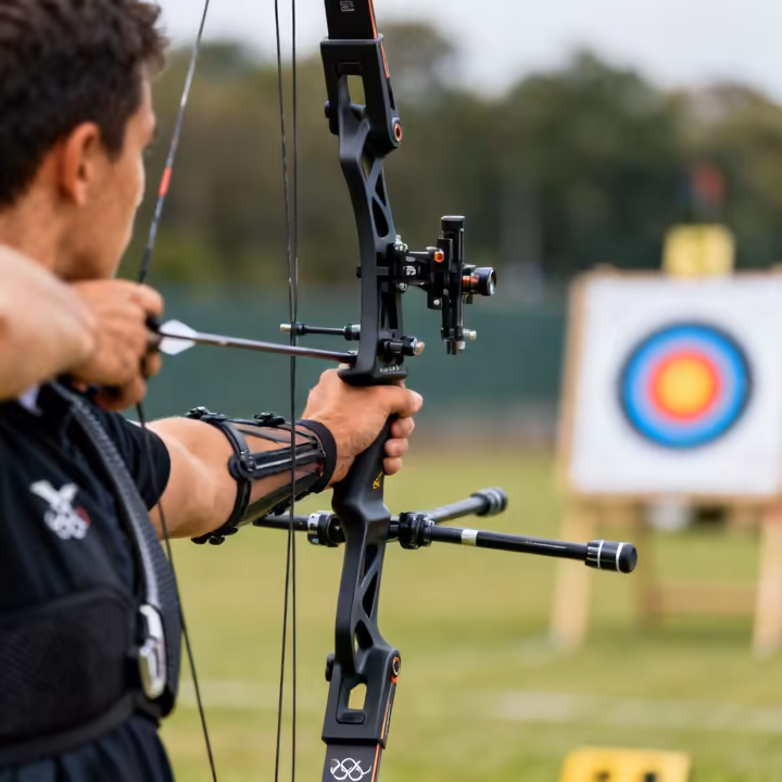 An Olympic archer at full draw with a modern, high-tech recurve bow.