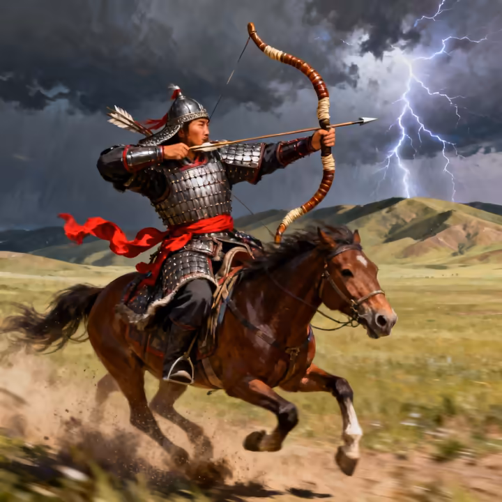 A Mongol horse archer firing a composite shortbow at full gallop across the steppes.