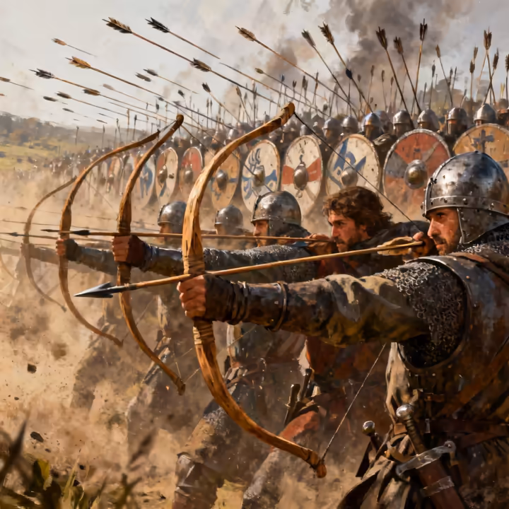 Norman archers with shortbows firing arrows into the air at the Battle of Hastings.