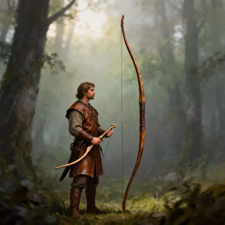 An archer holding a shortbow stands next to a tall longbow to illustrate the significant size difference.