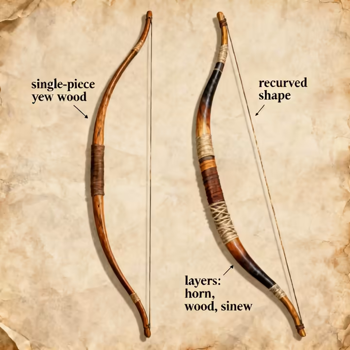 Comparison of a simple wooden shortbow and a complex composite shortbow.