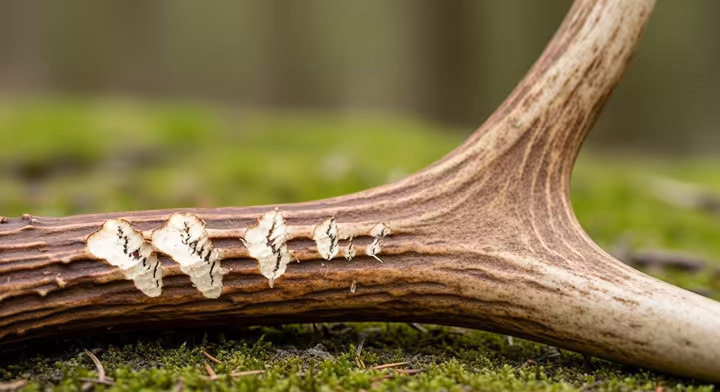A close-up of a shed deer antler lying on the forest floor, showing distinct chew marks from rodents.